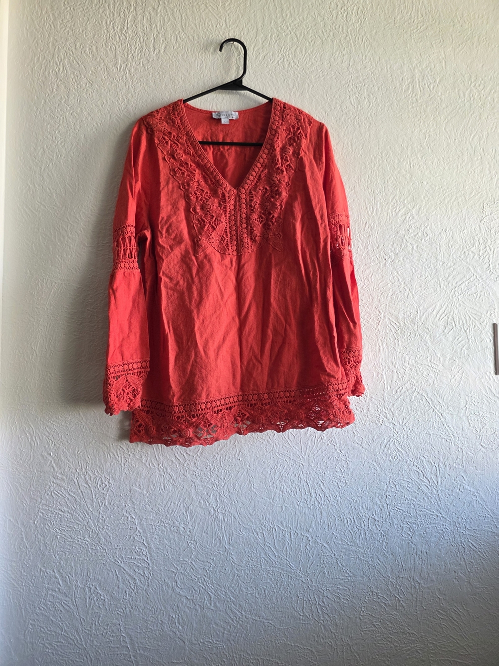 Cottagecore Linen Blend SilkLand Coral Crochet V-Neck Long Sleeve Tunic